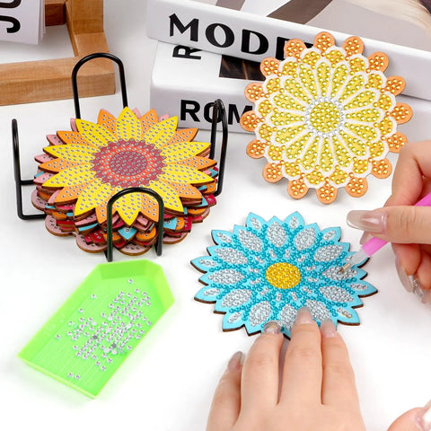Flower Diamond Art Coasters Kit 8 Pieces For Totally Easy DIY Diamond Painting Coasters For Adults And Beginners With Holder