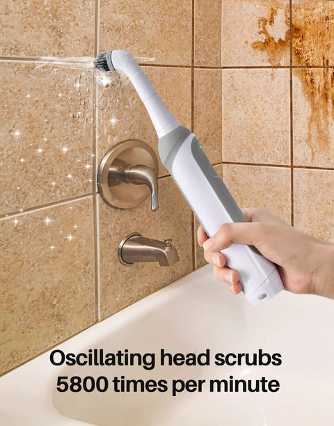 Rechargeable Cordless Grout Scrub Brush Kit cleaning bathroom tiles with IPX7 waterproof power scrubber, USB C recharge