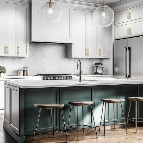 Kitchen with Brushed Brass Cabinet Handles With 3-3/4 Inch Hole Spacing, Stainless Steel Drawer Pulls For Cabinets, Kitchen, Bathroom, And Dresser, Rust Resistant, 5 Pack By Home Edit installed on white cabinets.