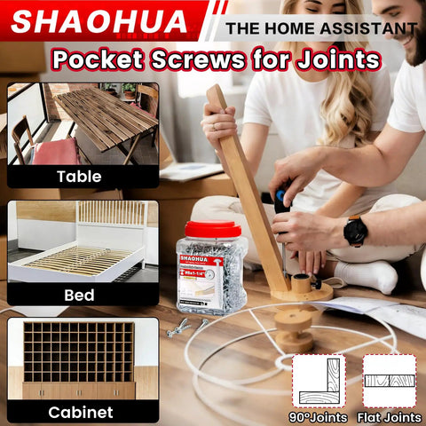 One And A Quarter Inch Pocket Hole Screws Set, 1200 Pcs, in use for furniture and cabinet assembly with Kreg jig in room setting