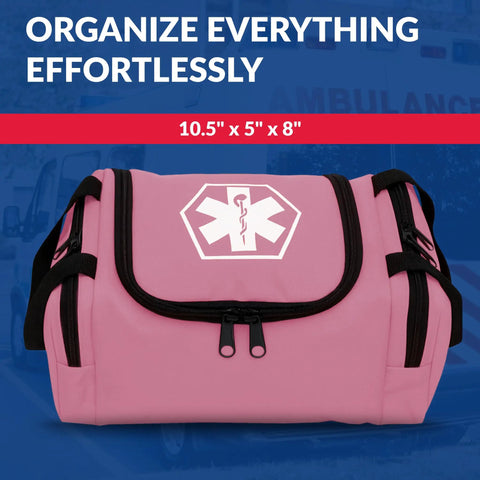 Front view of Compact Empty First Responder Gear Bag For EMS And EMTs Pink 10.5 By 5 By 8 Inches with sturdy carry handles