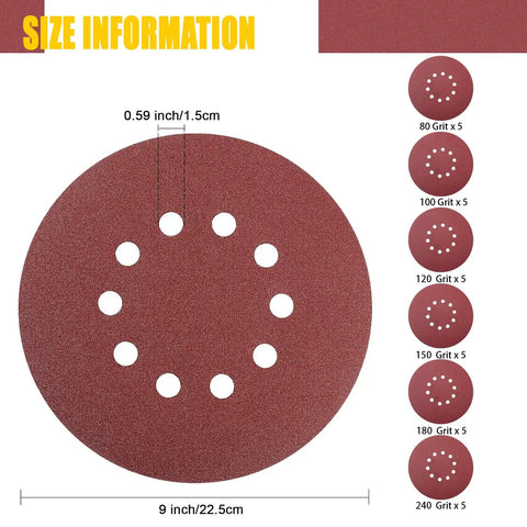Nine Inch 10 Hole Hook And Loop Sanding Discs Set 30 Pcs Pro Grade Drywall Sander Abrasive Discs With 80 100 120 150 180 240 Grits Open Coat