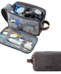 Canvas Travel Toiletry Bag For Men With Elastic Band Dopp Kit Water Resistant Organizer For Toiletries And Grooming Essentials Large Capacity Grab And Go 10 To 12 Inch Luggage Grey Medium shown open with contents and closed.