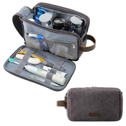 Canvas Travel Toiletry Bag For Men With Elastic Band Dopp Kit Water Resistant Organizer For Toiletries And Grooming Essentials Large Capacity Grab And Go 10 To 12 Inch Luggage Grey Medium shown open with contents and closed.