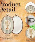 Product detail of Vintage Cute Golden Retriever Nursery Oval Wall Art With Gray Striped Hot Air Balloon Framed Canvas Prints Retro Kids Room Decor For Nursery Playroom Ready To Hang, showing size, canvas fabric, and hooks.