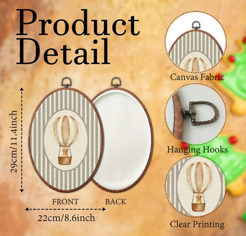 Product detail of Vintage Cute Golden Retriever Nursery Oval Wall Art With Gray Striped Hot Air Balloon Framed Canvas Prints Retro Kids Room Decor For Nursery Playroom Ready To Hang, showing size, canvas fabric, and hooks.