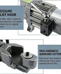 Handheld Hydraulic Steel Bar Bender And Rebar Straightener Combo Tool For 4Mm To 32Mm Deformed Rods showing pressure relief knob and cutter head.