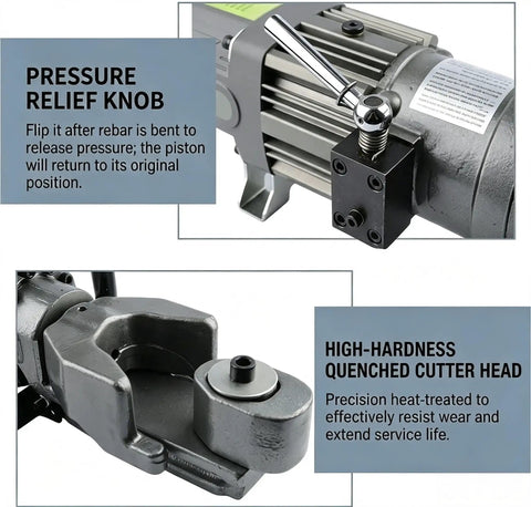 Handheld Hydraulic Steel Bar Bender And Rebar Straightener Combo Tool For 4Mm To 32Mm Deformed Rods showing pressure relief knob and cutter head.