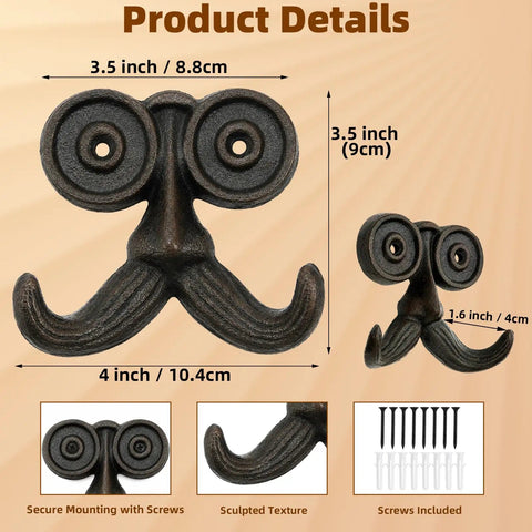 Heavy Duty Kickass Cast Iron Mustache Wall Hooks, 4 inch beard shaped hook with secure mounting hardware included.