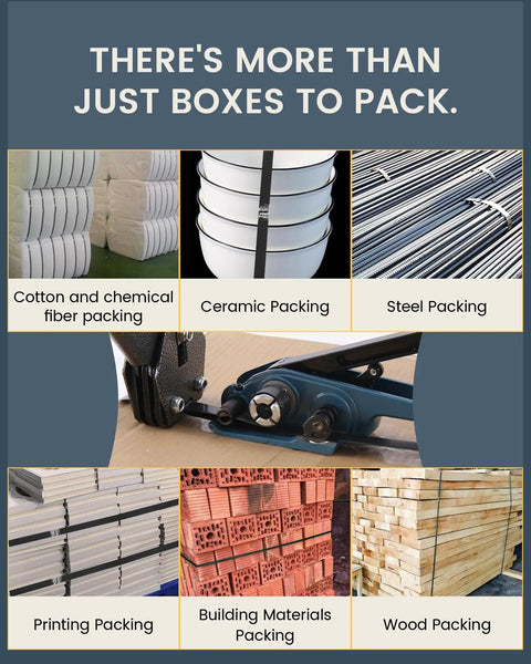 Heavy Duty Pet Strapping Kit With 1000 Foot Rolls And Tough Hand Tensioner shows various packing materials and tools.