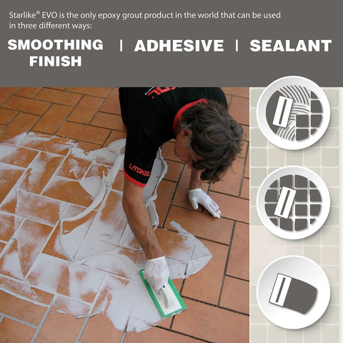 Worker applying Starlike EVO 113 Neutro Epoxy Grout Base For Metallic Color Applications 2.5 Kg 5.5 Lbs on tiled floor