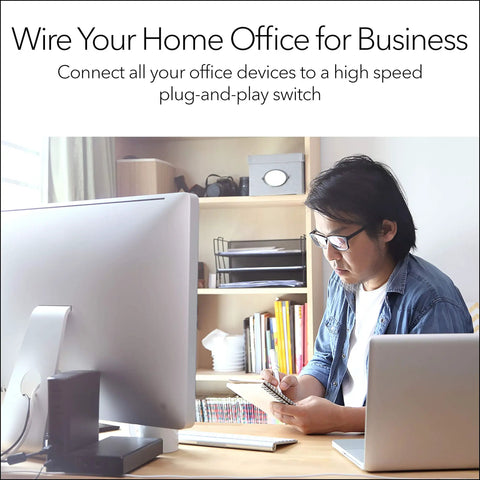 Person working in a home office using 8 Port Gigabit Ethernet Unmanaged Essentials Switch GS308 With No Fuss Plug And Play Setup