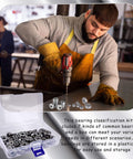 Person using tool near 70-Piece Sealed Ball Bearing Assortment Kit 608ZZ 693ZZ 623ZZ 624ZZ 685ZZ 687ZZ 627ZZ, storage box visible