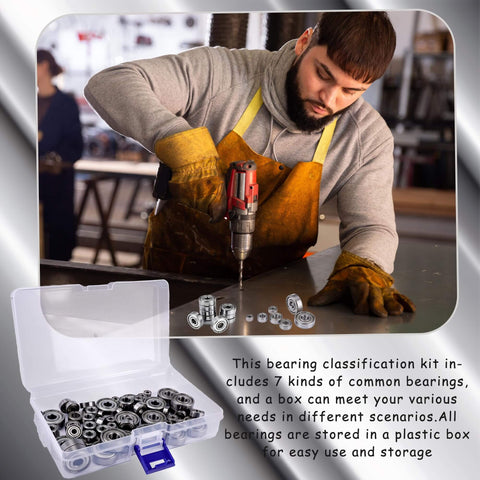 Person using tool near 70-Piece Sealed Ball Bearing Assortment Kit 608ZZ 693ZZ 623ZZ 624ZZ 685ZZ 687ZZ 627ZZ, storage box visible