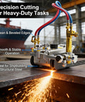 Heavy Duty Portable Torch Track Burner For No Sweat Gas Cutting With Dual Six Foot Guide Rails slicing steel, showcasing its smooth operation.