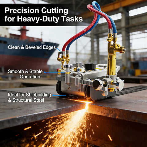 Heavy Duty Portable Torch Track Burner For No Sweat Gas Cutting With Dual Six Foot Guide Rails slicing steel, showcasing its smooth operation.