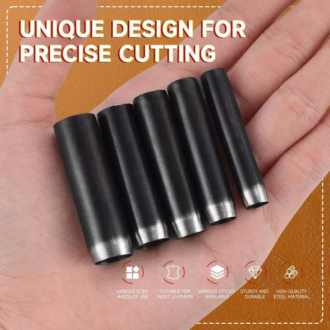Close-up of steel punches from the 27 Piece Leather Punch Kit With 9 Round Punches And 18 Specialty Punches For Leatherworking