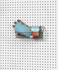 Small Pegboard Wall Mount Basket Organizer For Garage, Workshop Or Craft Room with gloves and supplies, industrial gray design.