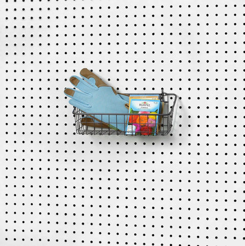Small Pegboard Wall Mount Basket Organizer For Garage, Workshop Or Craft Room with gloves and supplies, industrial gray design.