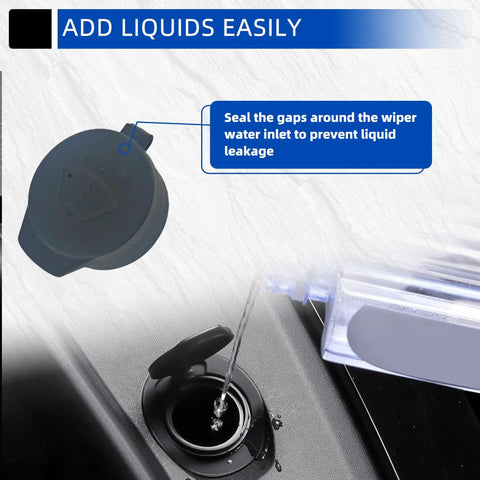 Tesla Windshield Wiper Fluid Cap Replacement For Model 3, Model Y, Model S, And Model X Black OE 1131028-00-A with liquid pouring