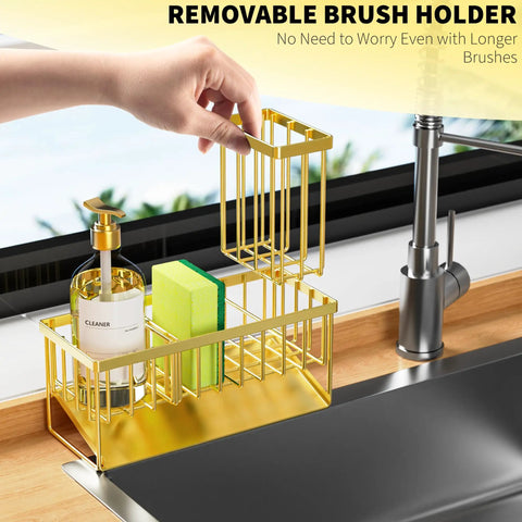Gold Stainless Steel Kitchen Sink Caddy Organizer With Auto Drain Sponge Holder And Brush Stand Rustproof Countertop Soap Dispenser Rack with removable brush holder.