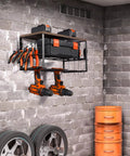 2 Pack Power Tool Organizer Wall Mount Kit For Garage Storage with drills and tools hung on textured wall, heavy duty steel.