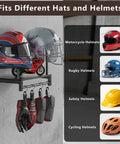 Solid Wood and Metal Motorcycle Helmet Holder Wall Mount with Four Glove Clips on a gray wall.
