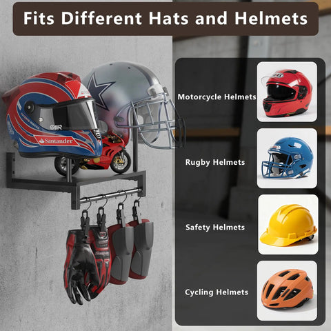 Solid Wood and Metal Motorcycle Helmet Holder Wall Mount with Four Glove Clips on a gray wall.