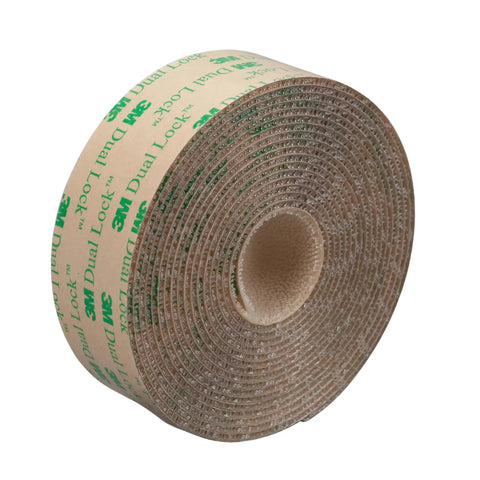 Dual Lock Low Profile Reclosable Fastener Tape 5/8 Inch By 10 Feet Clear roll showing secure adhesive grips for DIY use.