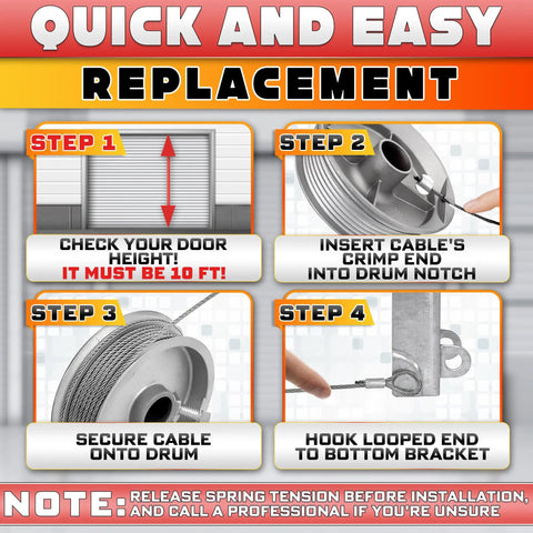 Quick and easy instructions for Heavy Duty Galvanized Garage Door Cables Built Like A Tank For Standard Torsion Systems 11 Feet 6 Inches Long.