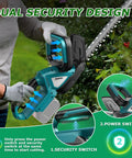 Cordless Hedge Trimmer With 20 Inch Dual Action Blade For Easy Shrub Pruning Works With 18V Battery Packs No Cord Lightweight Yet Powerful For Yard Garden Lawn Care Ideal For Landscaping Battery Not Included, showing dual security design and switches