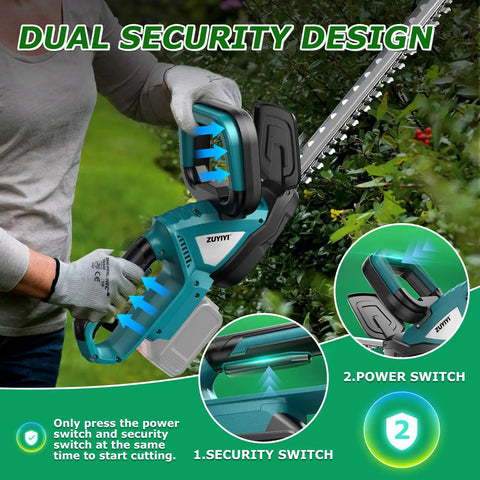 Cordless Hedge Trimmer With 20 Inch Dual Action Blade For Easy Shrub Pruning Works With 18V Battery Packs No Cord Lightweight Yet Powerful For Yard Garden Lawn Care Ideal For Landscaping Battery Not Included, showing dual security design and switches