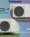 Before and after using Heavy Duty Mini Split Base Pad Set For Ductless AC And Heat Pump, showing elevated outdoor unit setup