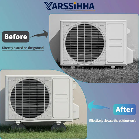 Before and after using Heavy Duty Mini Split Base Pad Set For Ductless AC And Heat Pump, showing elevated outdoor unit setup