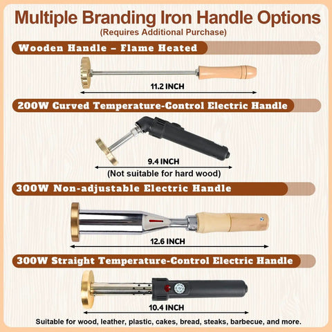 Image showing various branding iron handle options with sizes and descriptions for wood and leather use.