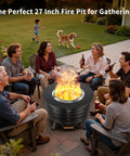 People enjoy outdoor gathering around 26 Point 5 Inch Smokeless Fire Pit With Stand on patio, featuring warm flames.