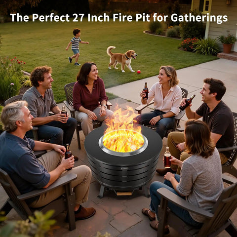 People enjoy outdoor gathering around 26 Point 5 Inch Smokeless Fire Pit With Stand on patio, featuring warm flames.