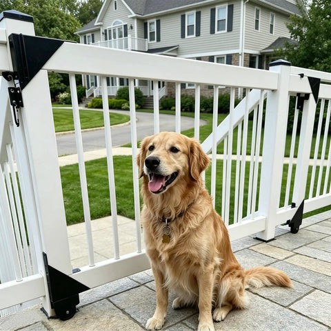 Beefy Heavy Duty Sliding Gate Kit For Deck And Fence With Smooth Roll Wheel Hardware Powder Coated Steel In Black Quiet Glide Weatherproof Gate System For Easy Outdoor Access installed on white deck gate