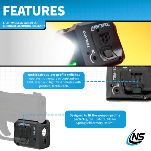 Features of 150 Lumen Rechargeable Tactical Light With Green Laser Sight For Springfield Hellcat Pistols IPX4 Water Resistant