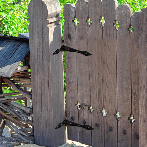 Wooden gate with Beefy Heavy Duty Iron Gate Hinge Set, 10 Piece For Fences And Garden Gates, Weatherproof Bearing Weight Door Hinges.