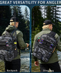 Angler wearing All In One Fishing Backpack Kit With Built In Tackle Boxes Rod Holder And Lure Storage Waterproof Sling Tackle Bag Camouflage Black