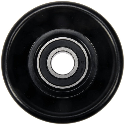 Dorman 419-672 accessory drive belt idler pulley, black housing with silver bearing, front view