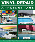 Vinyl repair applications infographic for bounce houses, tarps, inflatables, pool liners, floor mats, awnings, tents, covers.
