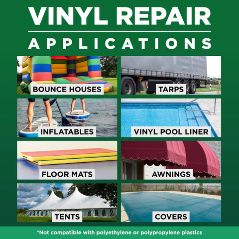 Vinyl repair applications infographic for bounce houses, tarps, inflatables, pool liners, floor mats, awnings, tents, covers.
