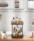 Two Tier Rotating Wooden Bathroom Countertop Organizer Featuring Smooth 360 Degree Spin And Dual Layer Storage For Skincare Perfume And Cosmetics Keeping Your Vanity Setup Super Chill And Clutter Free Always with wood and steel design