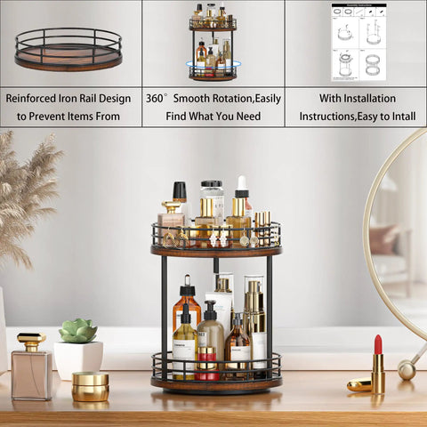 Two Tier Rotating Wooden Bathroom Countertop Organizer Featuring Smooth 360 Degree Spin And Dual Layer Storage For Skincare Perfume And Cosmetics Keeping Your Vanity Setup Super Chill And Clutter Free Always with wood and steel design