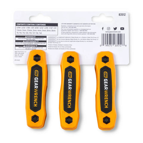 Back packaging of 25 Piece SAE Metric Torx Folding Hex Key Set With 270 Degree Rotation, chamfered ends, dual material grip.