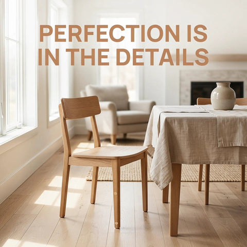 Dining area featuring wooden chair and table, showcasing 120Pcs Wood Screw Hole Plugs With Top for Wooden Furniture Hole Covers.