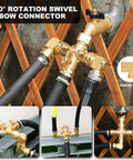 Three Way Garden Hose Splitter With Swivel Elbows High Flow Brass Body And Shut Off Valves Includes Washers And Thread Seal Tape Durable Heavy Duty Hose Bib Adapter Go To Three Quarter Inch Standard Hose Threads, 360° swivel elbow installed on garden hose