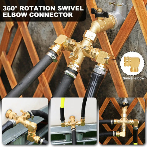 Three Way Garden Hose Splitter With Swivel Elbows High Flow Brass Body And Shut Off Valves Includes Washers And Thread Seal Tape Durable Heavy Duty Hose Bib Adapter Go To Three Quarter Inch Standard Hose Threads, 360° swivel elbow installed on garden hose